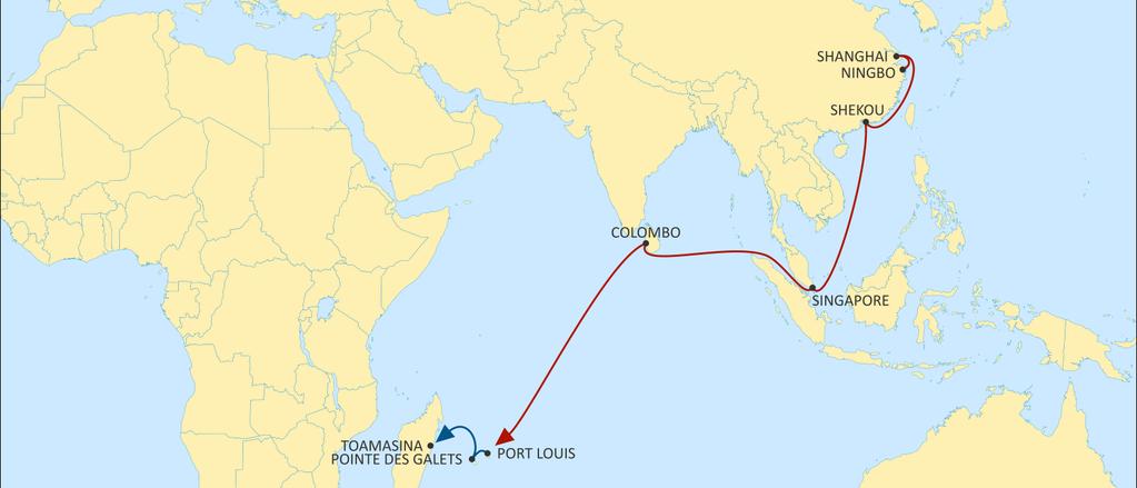 ASIA TO INDIAN OCEAN INGWE SOUTHBOUND Dedicated service to IOC Weekly departure from all Asia IPAK connection in Colombo Weekly departures from Port Louis to Tamatave and