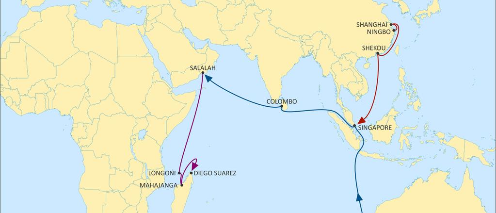 ASIA TO INDIAN OCEAN SOUTHBOUND Dedicated service to IOC Weekly departure from all Asia Fortnightly departure from Salalah to Longoni, Majunga and Diego