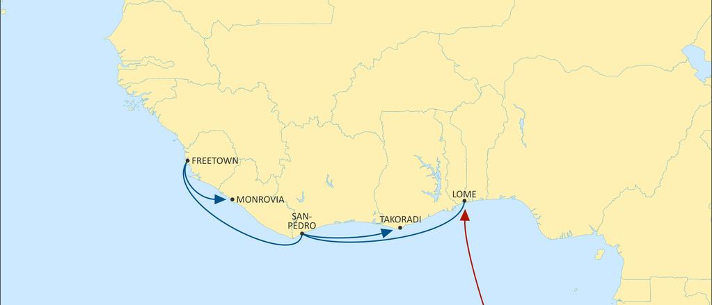 ASIA TO WEST AFRICA AFRICA EXPRESS WESTBOUND Direct connection from Asia to Lome Dedicated service from Lome to Takoradi and San Pedro Dedicated service from San Pedro to Freetown and Monrovia