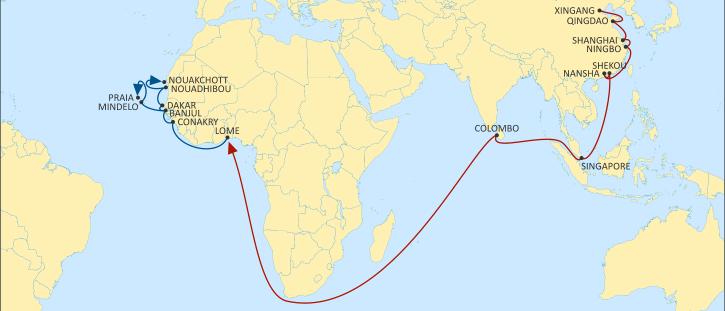 ASIA TO WEST AFRICA AFRICA EXPRESS WESTBOUND Direct connection from Asia to Lome Direct service from Lome to Dakar Transshipment from Las Palmas hub to other destinations DAKAR BANJUL NOUAKCHOTT