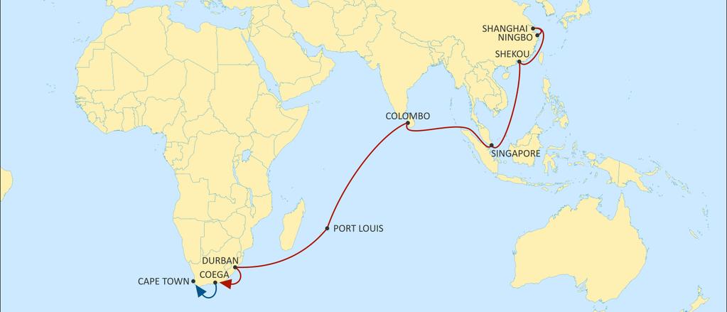 ASIA TO SOUTH AFRICA INGWE SOUTHBOUND Dedicated service to SAF Weekly departure from all Asia IPAK connection via Colombo DURBAN