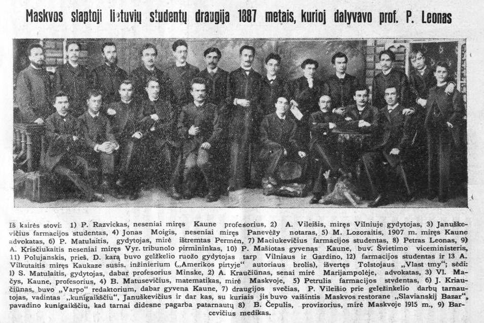 45 pav. Maskvos slaptosios lietuvių studentų draugijos nariai, 1887 m. Nuotrauka iš laikraščio Laiko žodis, 1934 m. mo idėja 339. V. Merkys pažymi, kad studentų draugija Maskvoje įsteigta 1880 m.