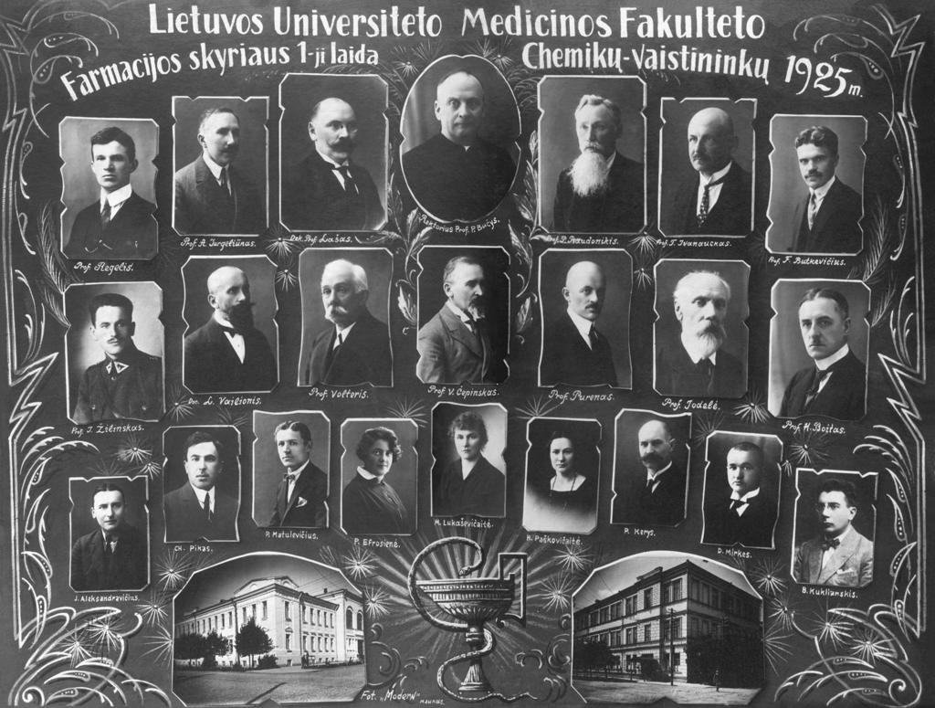 68 pav. Pirmoji Lietuvos universiteto chemikų vaistininkų laida ir dėstytojai, vinjetė, Kaunas, 1925 m.