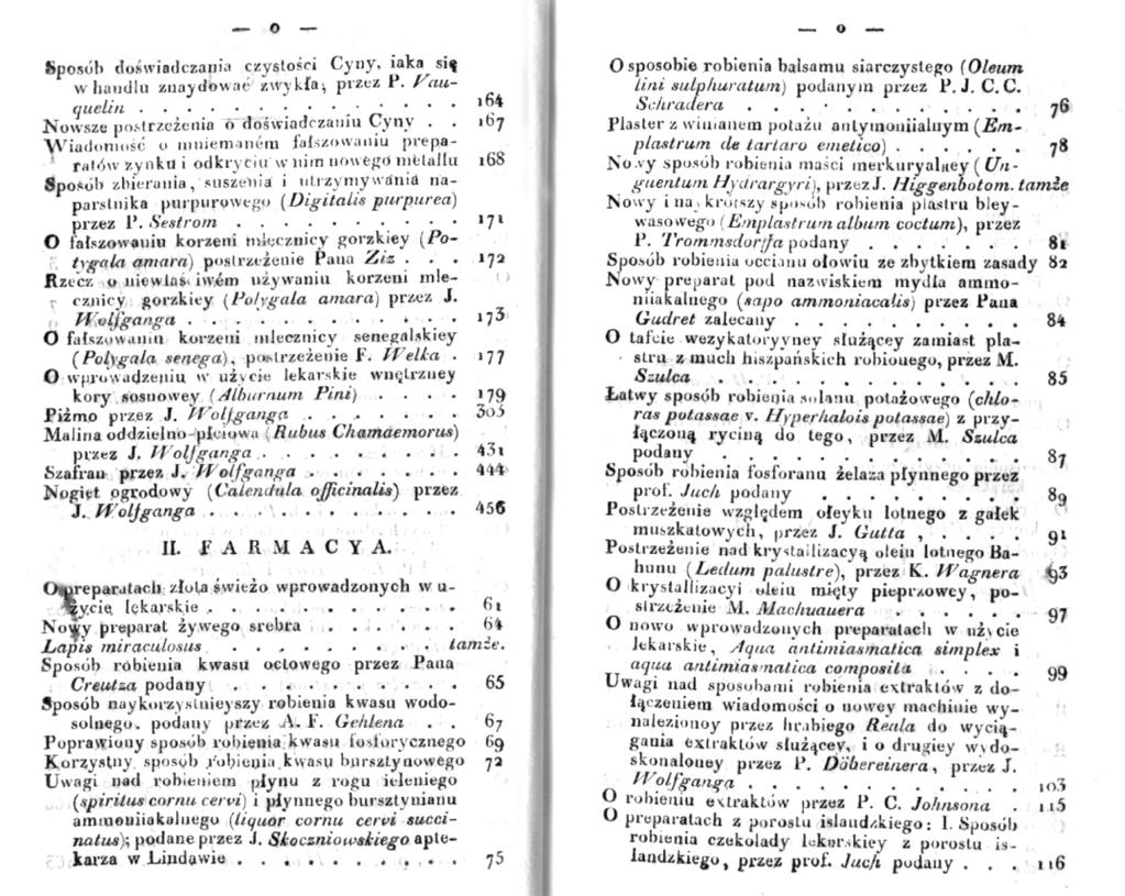 vokiškų leidinių apžvalgas 221. Straipsnių vertimus rengė J. Gutas ir J. F. Volfgangas. 1821 m. vasario 17 d. J. F. Volfgangas Farmacijos skyriaus susirinkime pateikė informaciją apie alkaloido chinino atradimą, 1822 m.