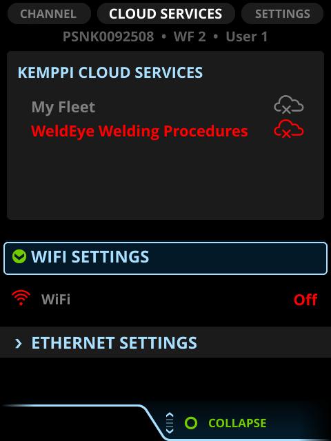 6 Connecting to Kemppi cloud services To use the Kemppi cloud services, connect the welding machine to the Internet either through a WLAN or a wired connection.