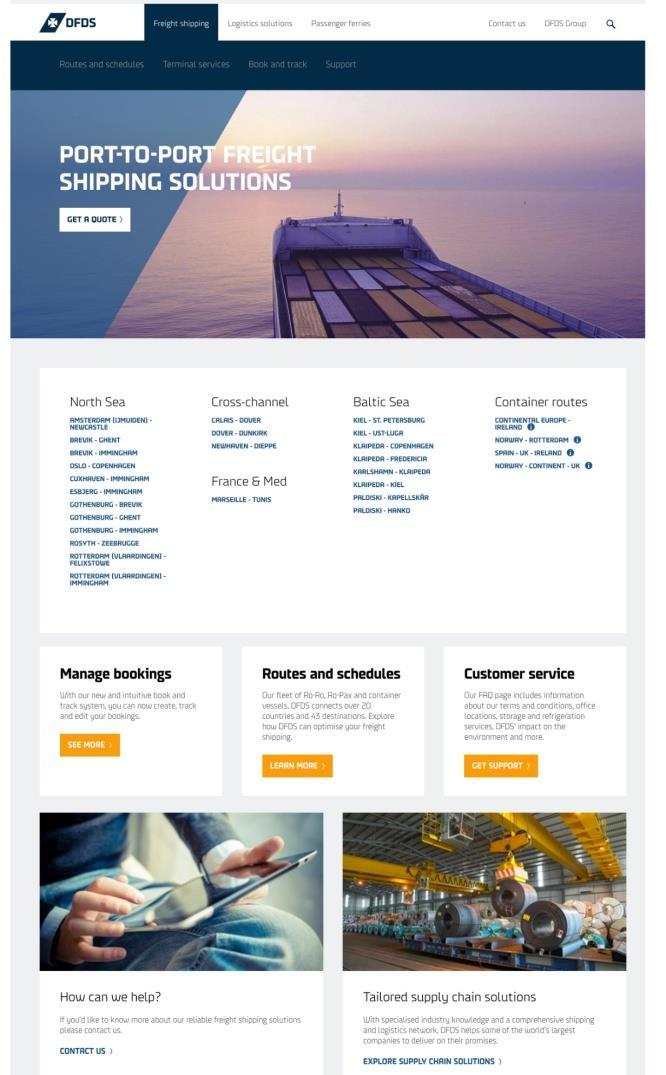 Homepage Content Usefulness DFDS 2016 2017 The redesigned shipping homepage has added a number of rich and useful features such as get a quote, quick links to content, manage booking and customer
