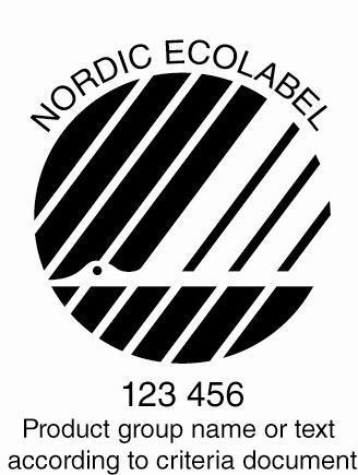 The Nordic Ecolabel has the following design: The text NORDIC ECOLABEL or equivalent text in other languages, follows the curved outline of the top of the label.