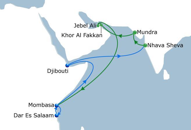 SWAHILI Express India - East Africa & Indian Ocean CMA-CGM dedicated relay service from Nhava Sheva and Mundra ports via Khor Al Fakkan in order to avoid congestion.