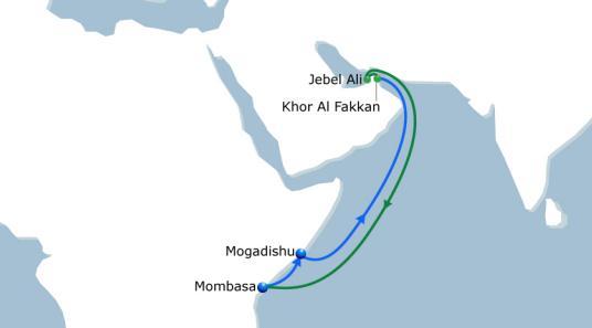 NOURA 1 India - East Africa Vessel Fleet 4 Ports of Call 4 Duration 28 Weekly direct service fully operated by CMA CGM with 4 vessels of 2200 TEU 2nd loop to Mombasa and direct service to Mogadishu
