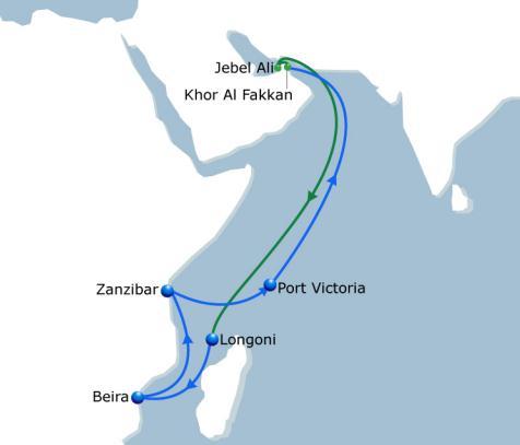 NOURA 2 India - East Africa Vessel Fleet 5 Ports of Call 6 Duration 35 Weekly service with a fleet of 5 vessels of 2200 TEU operated by CMA CGM Noura service dedicated to Indian Ocean market will add