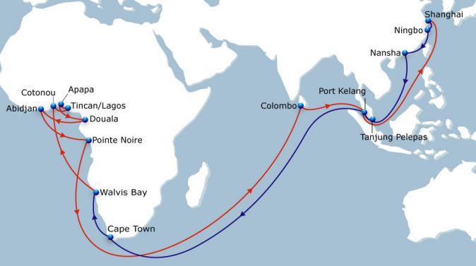 WAX South East India to West Africa Via Colombo & Port Kelang Vessel Fleet 12 Ports of Call 8 Duration 84 Extensive coverage of West African ports and South Africa (via Cape Town).