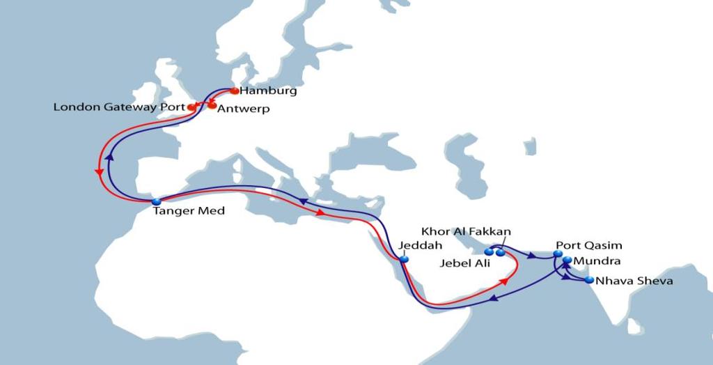 EPIC 2 - Europe Pakistan India Consortium India to North Europe - Mediterranean sea - Red Sea - United Arab Emirates Vessel Fleet 8 Ports of Call 12 Duration 50 Offering a direct connection between
