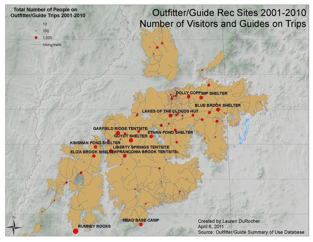number people (clients and leaders) on trips from 2001-2010 was summed by recreation sites. In the map below, recreation sites are shown with their proportional use.