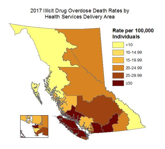 Illicit Drug Overdose Death Rate Maps by Health Services Delivery Area References for health regions can be found at: