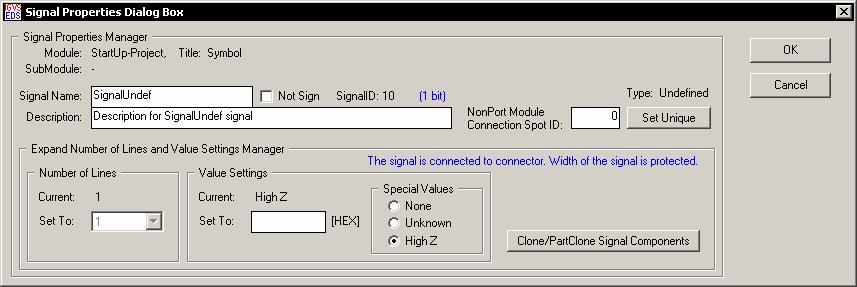 Osnovni skup polja za pregled i modifikaciju podataka o signalu dostupan je za sve vrste signala i sadrži sledeća polja: naziv signala (Signal Name), kraći opis namene signala (Description),