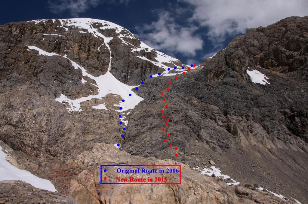Picture 10 The above picture is annotated to show the new 2015 route up the limestone rock face as compared with the estimated location of the glacier / snow route used by the