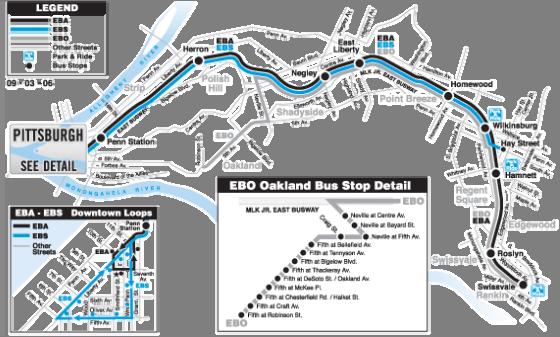 ROUTE EBA EAST BUSWAY ALL STOPS ROUTE EBS EAST BUSWAY SHORT The EBA East Busway All Stops and EBS East Busway Short routes provide the core Martin Luther King Jr. East Busway services.