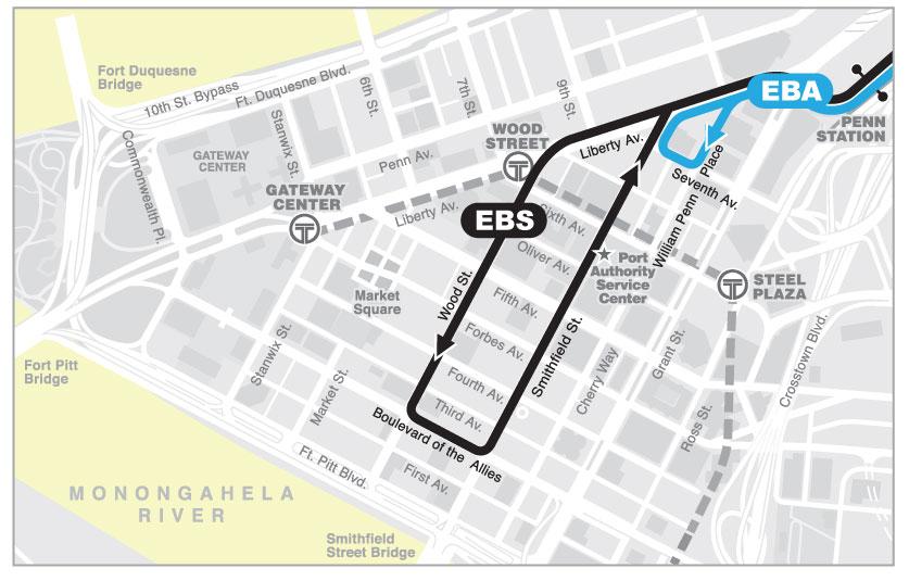 Alignment/Service Patterns Route EBA operates between Swissvale Station and downtown Pittsburgh, and Route EBS operates between the Hay Street Ramp in Wilkinsburg and downtown Pittsburgh.