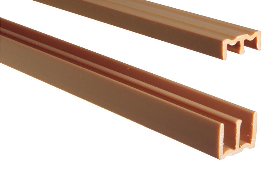Plastic Tracks and Guides for Sliding Doors Plastic Track and Upper Guides for 1/4" Doors 2412 Series Upper Guides* Size: 27/32" width x 9/16" height x 144" length Finish: Tan (), Gray (GRY), and