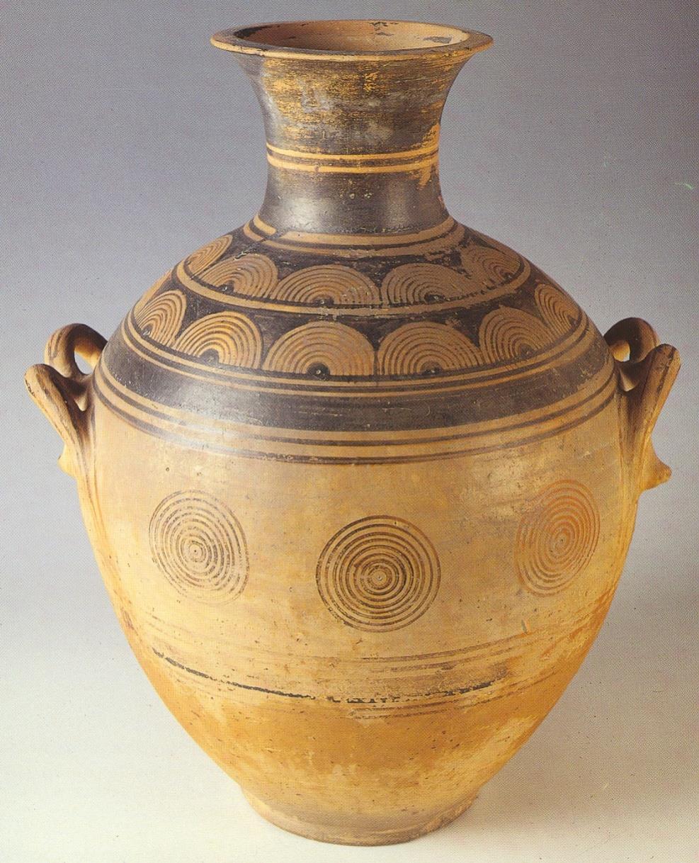 Protogeometric pottery: limited number of geometric motifs: concentric circles and semicircles, bands,