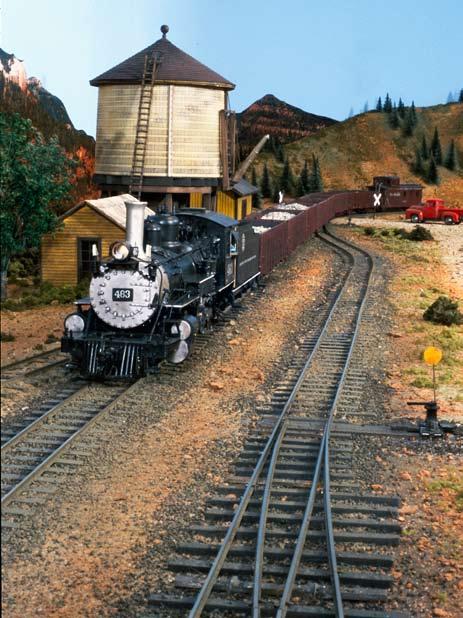 8 Extra 463 East pulls away from the tank at Hermosa, Colo. The 463 and sister 464 were the only K-27s to survive the 1950s. The real locomotives remain in service today.