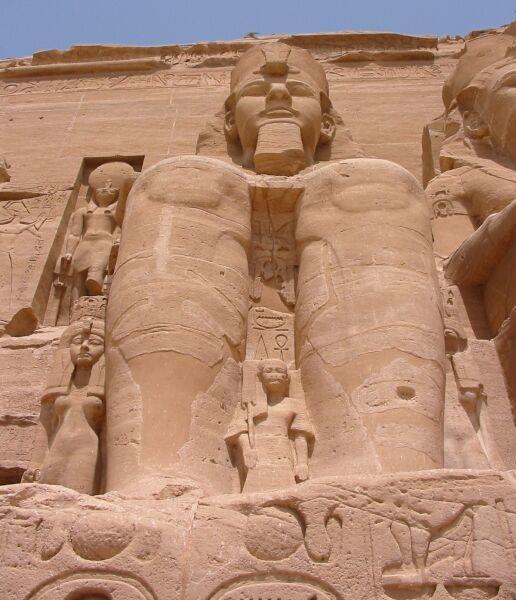 Because these colossi were carved from the same rock as the temples, there was no space on the façade for the images of the king suppressing the forces of chaos, traditionally shown on the outer face