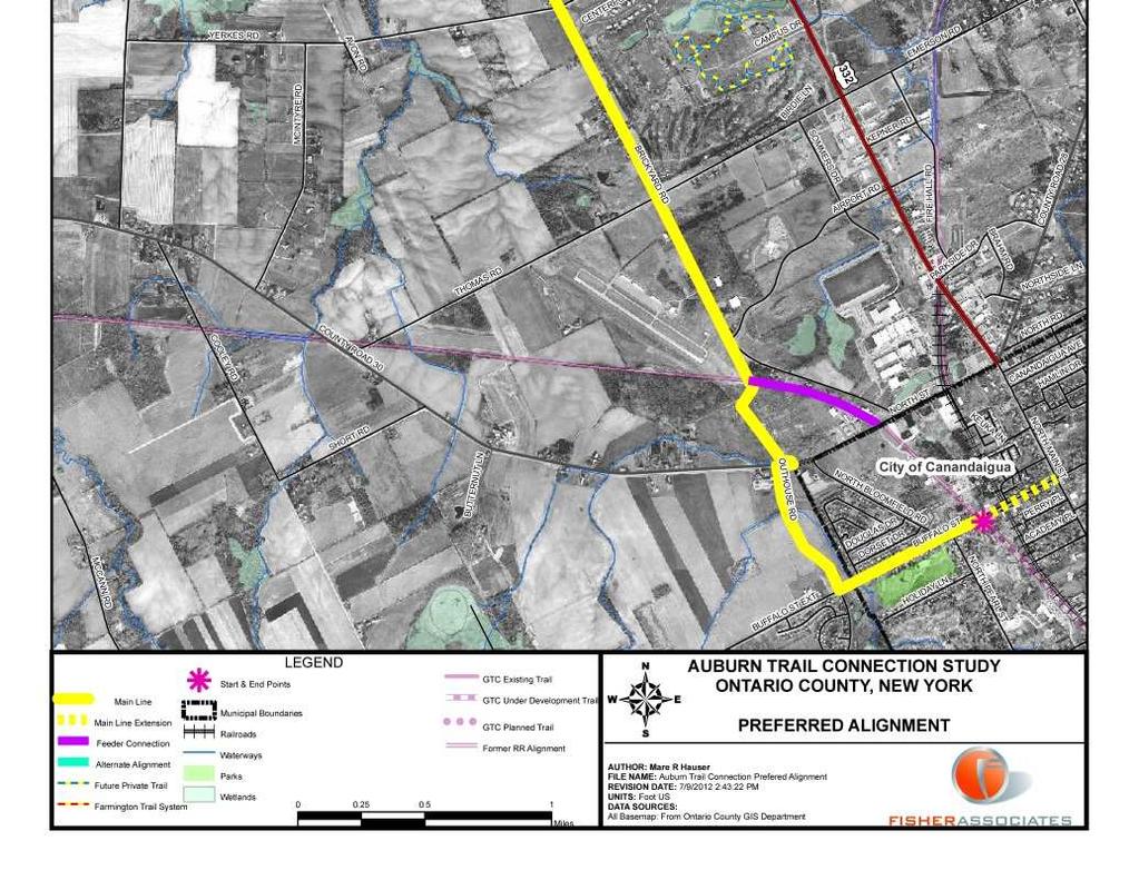 Preferred Alignment Based on Property Owner Feedback: Main Trail Alignment (Yellow), Alternative (Teal), Feeder Connections, Farmbrook Community (Dark Purple), Auburn Meadows, Estates at Beaver