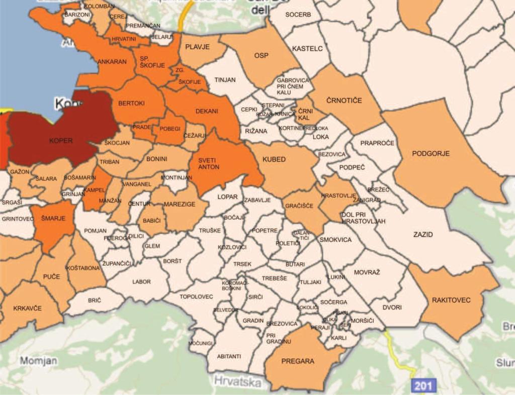 Karta 1:Število prebivalcev MOK po naseljih, starejših od 65 let Vir: SURS, aplikacija KASPer, junij 2011 Podatki na zemljevidu 2011 Google, Tele Atlas Iz