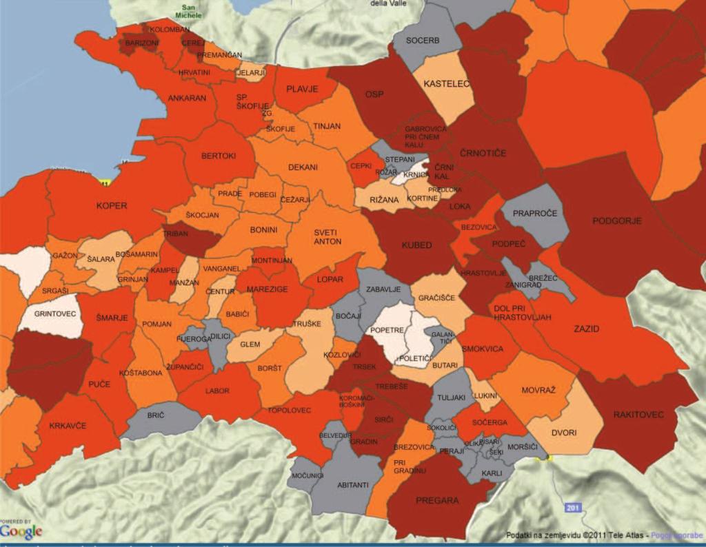 Karta 2:Povprečna starost prebivalcev občine Koper po naseljih Vir: SURS, aplikacija KASPeR, junij 2011.