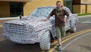 Joke # 4 - DEDICATION A Ford Mustang made entirely from empty beer cans was created by Jack Kirby, 23, an art and design student.