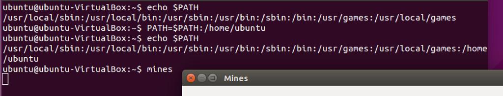 Primer U datom primeru je dodat home direktorijum korisnika ubuntu u $PATH promenljivu. Sada je dovoljno kucati samo mines da bi se fajl pokrenuo tj. izvršio.