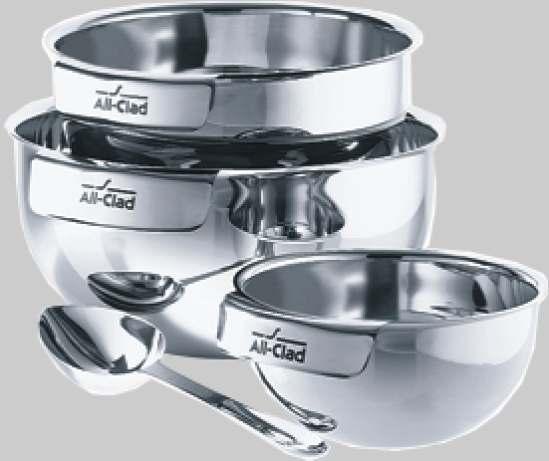 All-Clad stainless mixing bowls are made with flat bottoms and flared rims and
