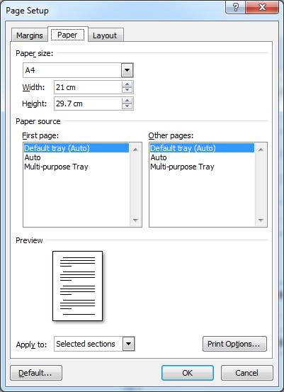 Da bi se podesila veličina stranice koristimo karticu Paper i u polju Paper size podešavamo veličinu strane. Definisani parametri stranice mogu biti primenjeni na deo dokumenta, ili ceo dokument. 4.