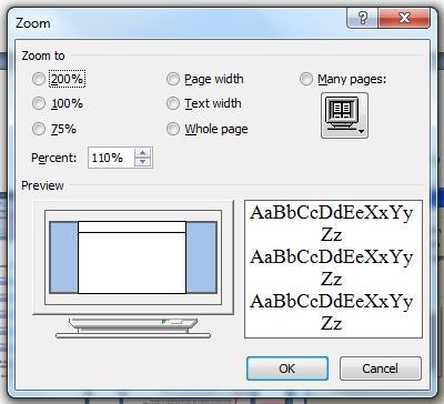 Korisniku je omogućeno da u okviru grupe komandi Zoom to izabere realan izgled dokumenta (100%), uvećane ili umanjene delove dokumenta, prikaz jedne ili više čitavih stranica dokumenta (One Page ili
