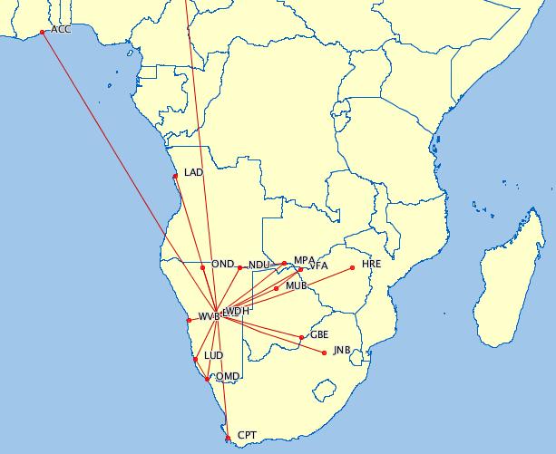 FRA Air Namibia Network October 2012: Weekly RT Frequencies WDH-FRA (7) WDH-CPT (21) WDH-JNB (21) WDH-LAD (6) WDH-ACC (3) WDH-GBE (4)