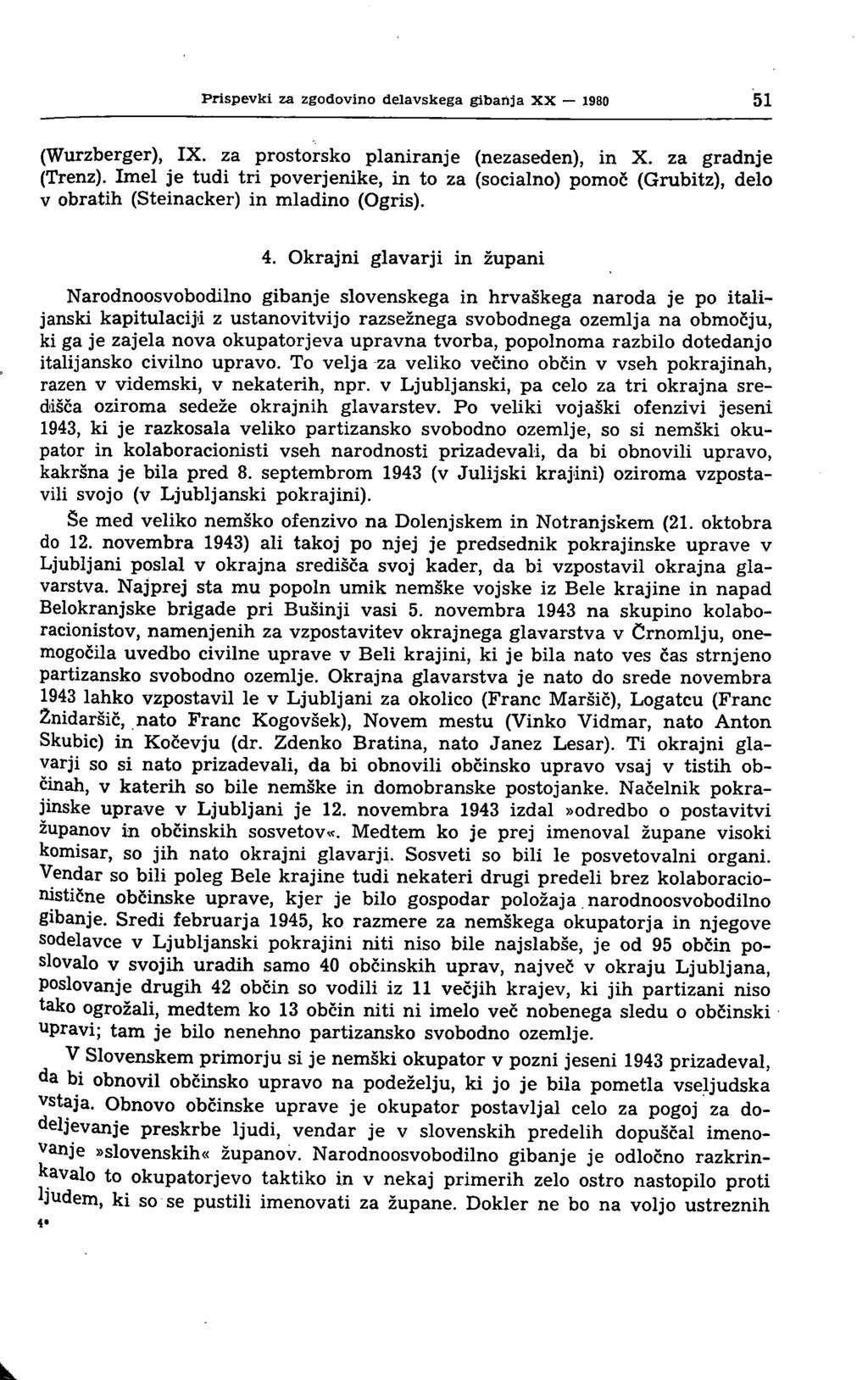 Prispevki za zgodovino delavskega gibanja XX 1980 51 (Wurzberger), IX. za prostorsko planiranje (nezaseden), in X. za gradnje (Trenz).