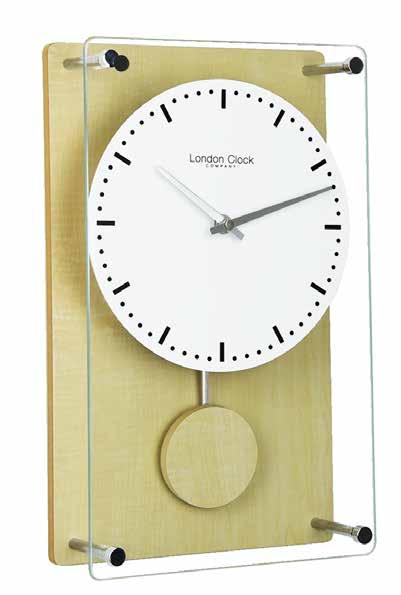 WALL CLOCKS 02127 Wood Effect Pendulum Wall Clock - light wood effect - wood/glass case - slow moving pendulum feature - h.35 / w.21.5 / d.7.5 (cm) 02128 Wood Effect Pendulum Wall Clock - dark wood effect - wood/glass case - slow moving pendulum feature - h.
