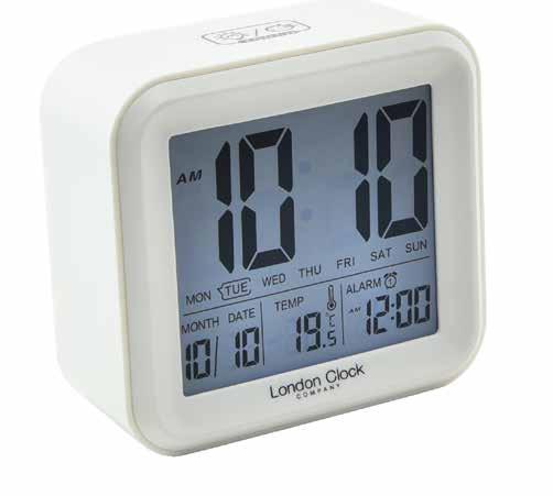 ALARM CLOCKS 05205 White Rectangular LCD Alarm Clock - white plastic case - crescendo beep alarm - snooze - calendar display - temperature display - light blue backllight - backlight sensor - touch
