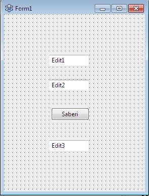 1 Креирање апликација-калкулатор Сабирање стрингова 1. Поставити на форму три поља за едитовање и једно дугме са натписом Сабери. 2.