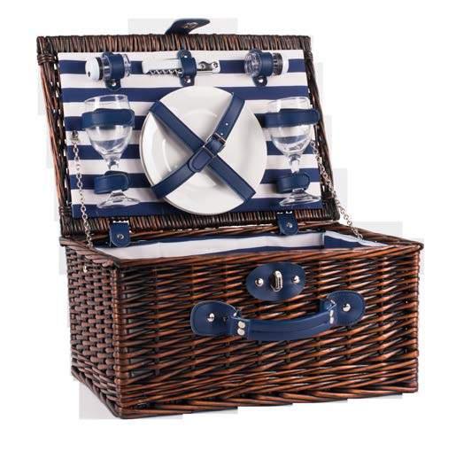 2 Person Wicker Basket Navy Set includes 2 x wine glasses,