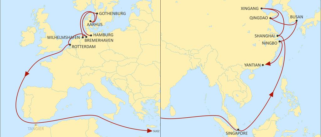 ASIA NORTH EUROPE ALBATROSS EASTBOUND Direct service from Aarhus & Gothenburg to Far East covering all Far East (via Singapore), Japan (via Ningbo &/or Busan). Fast transit times to North China.