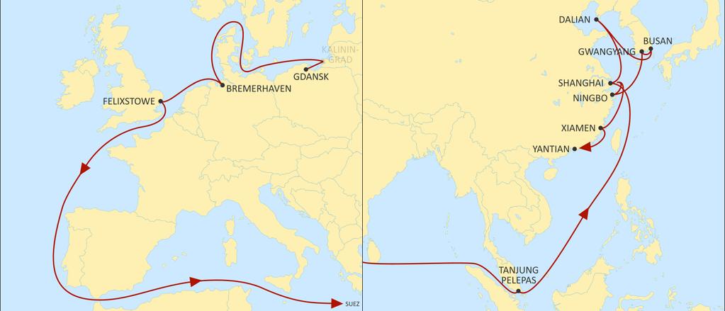 ASIA NORTH EUROPE SILK EASTBOUND Direct call from Gdansk to North China and Korea Direct service and fast transit times from Felixstowe to Shanghai in 25 days Optimum transit times to Korea with