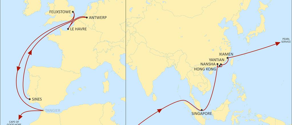 ASIA NORTH EUROPE LION EASTBOUND 2 Direct calls from LEH to Asia, calling directly Singapore for SEA coverage, South China and Hong Kong Full coverage of Scan Baltic, NWC