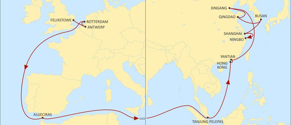 ASIA NORTH EUROPE SWAN EASTBOUND Benelux export coverage to Asia Fast transit times from Antwerp to Hong Kong Complete Coverage of Asian import calls SINGAPORE YANTIAN HONG