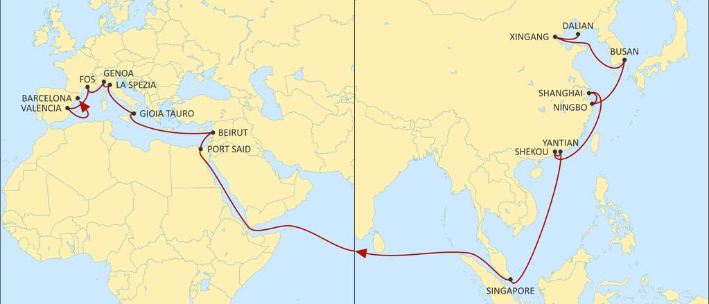 ASIA MEDITERRANEAN DRAGON WESTBOUND Direct service to Beirut with ultracompetitive transit times. Fully dedicated service to Italian ports & Fos-Sur-Mer (France) with short transit time.