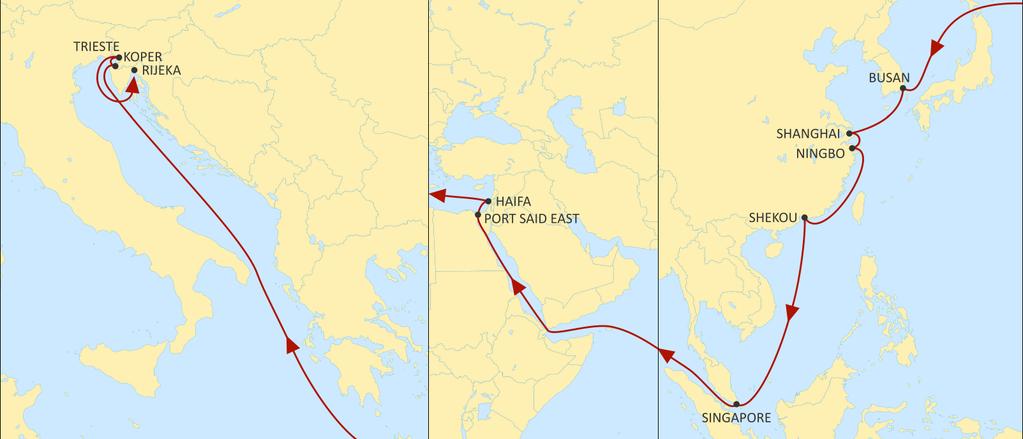 ASIA MEDITERRANEAN PHOENIX WESTBOUND New direct service with excellent transit times to Haifa from Far East. Reliable direct service from Korea and China to Koper, Rijeka and Trieste.