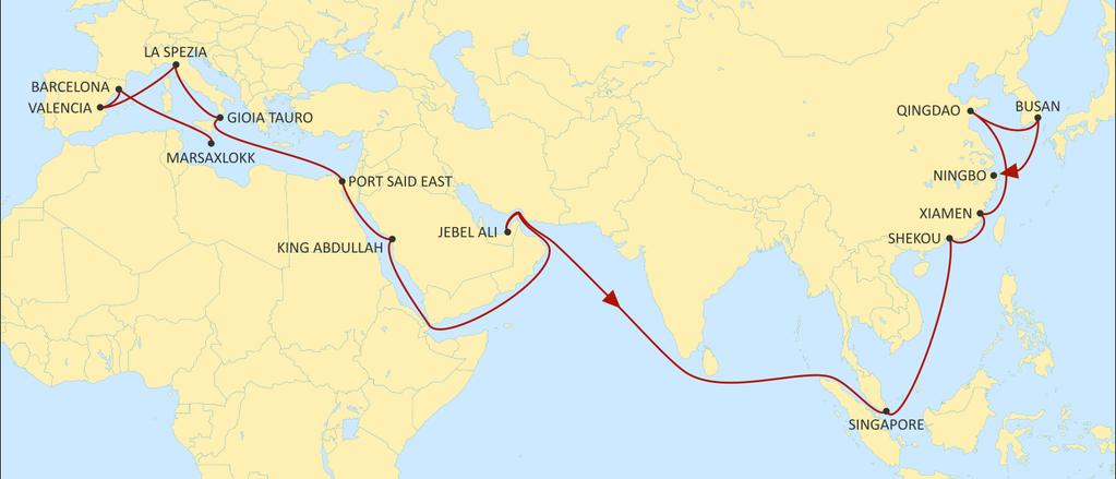 ASIA MEDITERRANEAN JADE EASTBOUND Fast West Mediterranean service to Red Sea, Middle East and Asia, with improved transit times. Excellent reefer service to Middle East. Direct service from Egypt.