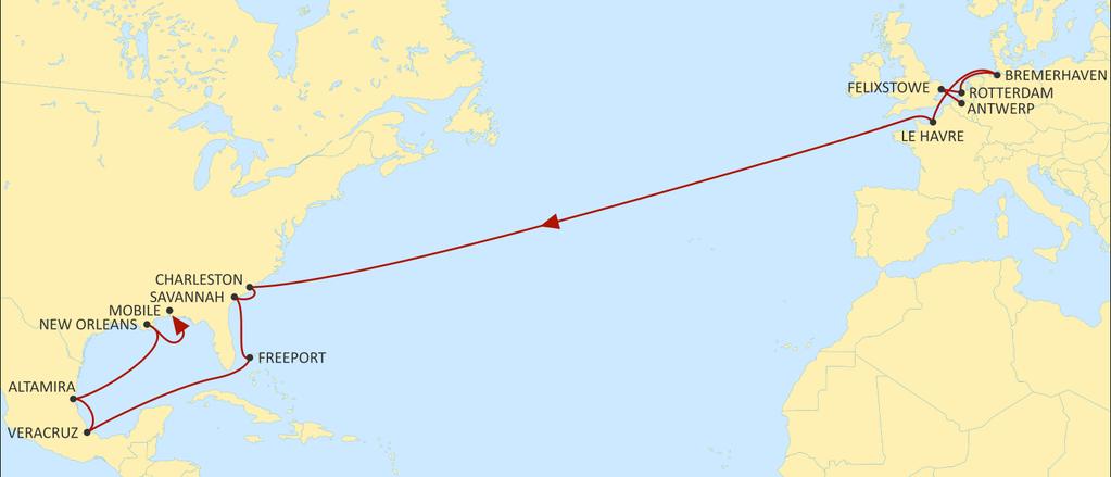 TRANSATLANTIC NORTH EUROPE NEUATL3 WESTBOUND Faster transit times from North West Continent ports to New Orleans & Mobile.