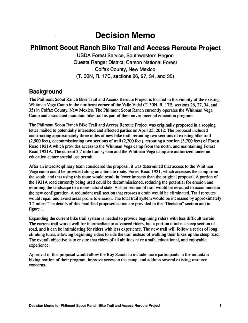 Decision Memo Philmont Scout Ranch Bike Trail and Access Reroute Project USDA Forest Service, Southwestern Region Questa Ranger District, Carson National Forest Colfax County, New Mexico (T. 30N, R.