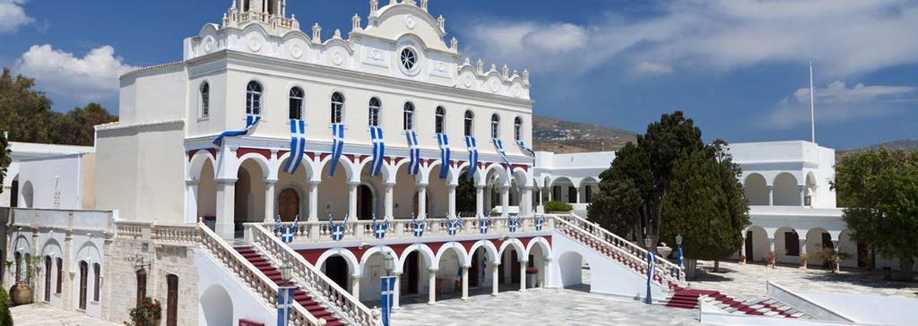 TINOS Tinos is famous amongst Greeks for the Church of Panagia Evangelistria, its 80 or so windmills, about 1000 artistic dovecotes, 50 active villages and its Venetian fortifications at
